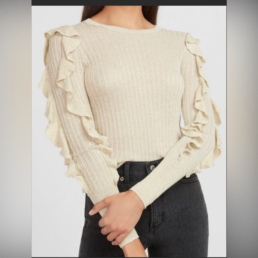 Express Metallic Ruffle Gold Ribbed Semi Sheer lightweight Sweater size Medium
